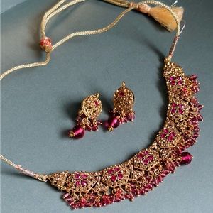 Antique Pink polki stone necklace and earrings set/ Indian Jewelry/